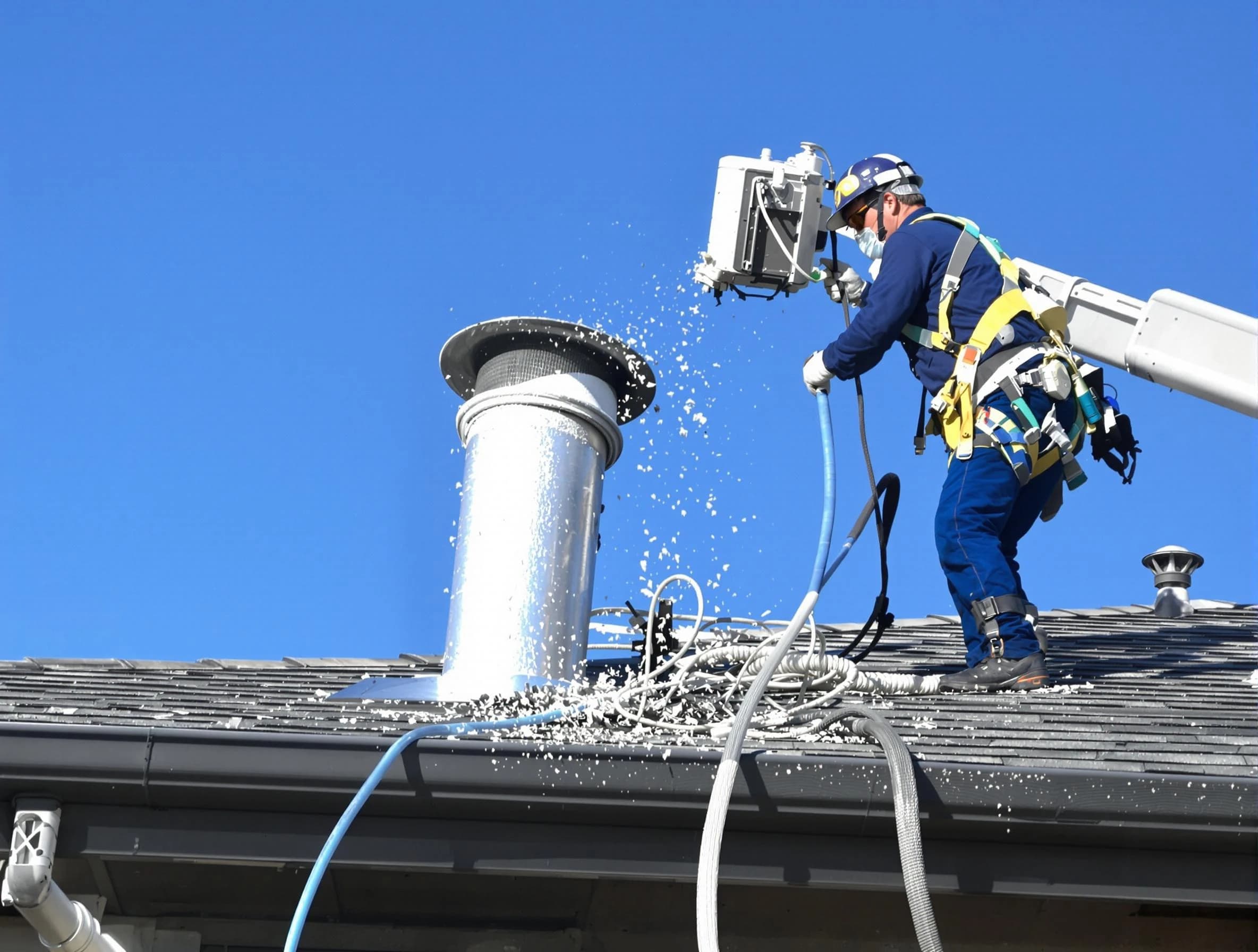 Cullman Dryer Vent Cleaning certified technician safely cleaning a roof-mounted dryer vent in Cullman